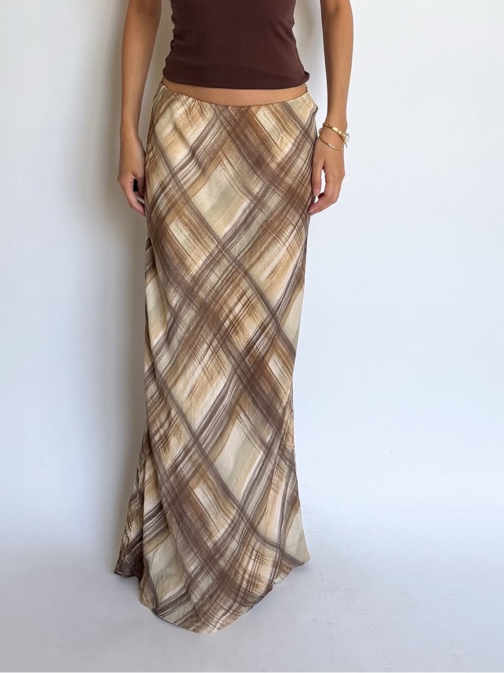Zara brown plaid satin long skirt